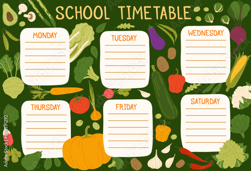 Education timetable schedule with harvest raw vegetables. School lessons week timetable, classes vector daily planner with pumpkin, broccoli, potato, garlic and zucchini, corn farm cartoon veggie
