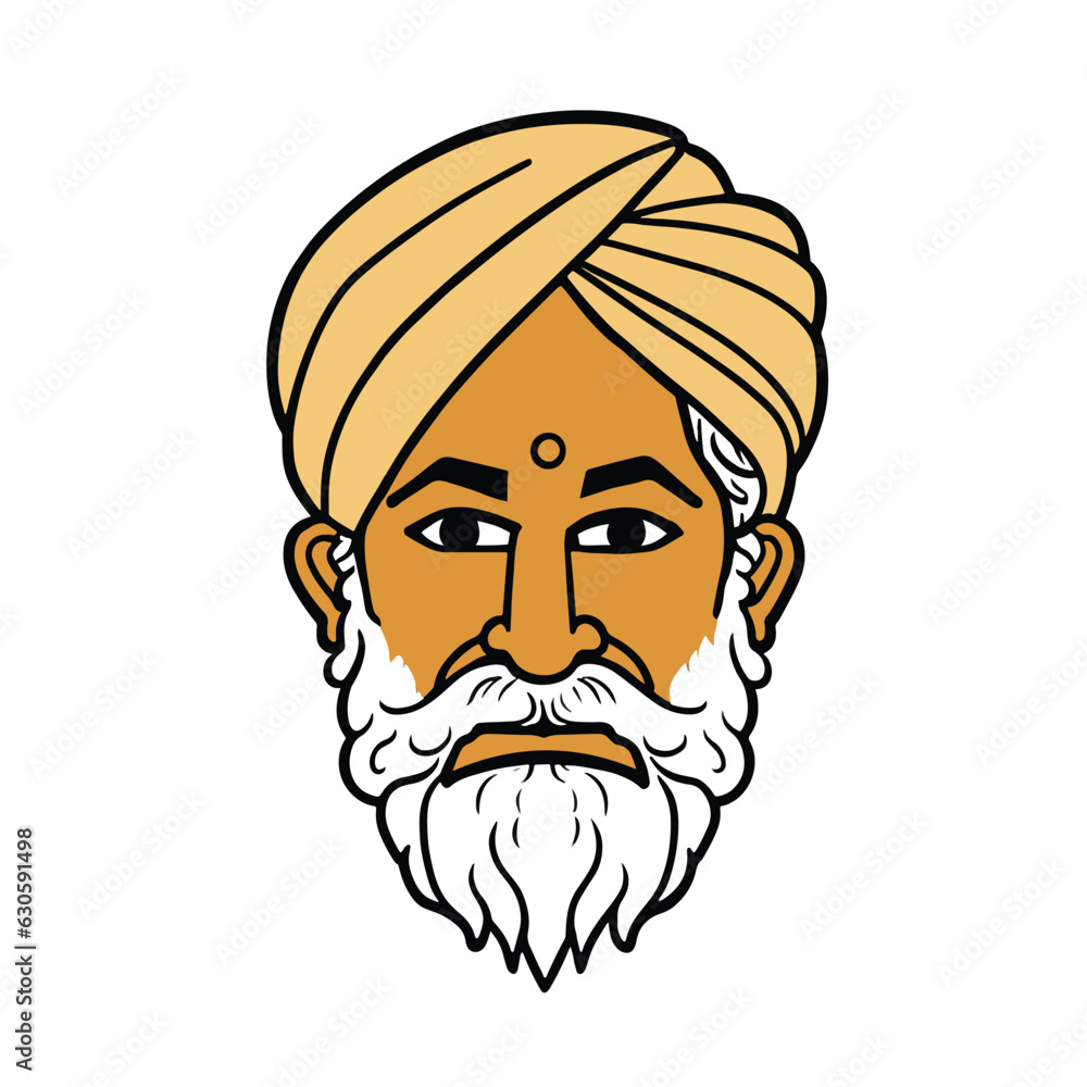 Vector illustration of indian old punjabi man also called sardar ji, sikh man. Cartoon style flat design. Isolated on white background