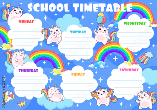 Education timetable schedule. Cartoon caticorn cat and kitten characters on sky clouds. School vector lesson planner template with cute kawaii feline unicorn on rainbow. Kid time table organizer frame