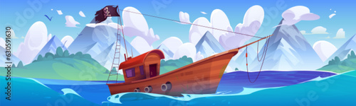 Pirate boat sailing in sea near mountain island. Vector cartoon illustration of wooden yacht with black jolly roger flag and cannons floating on water against scenic landscape, birds flying in sky