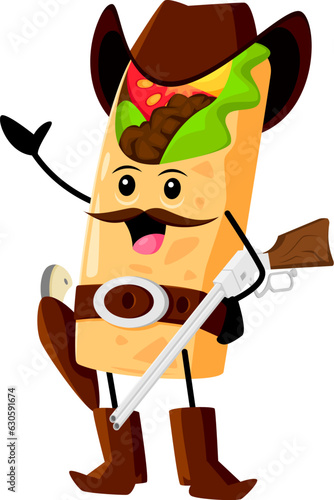 Cartoon burrito cowboy and sheriff, bandit and robber, ranger tex mex mexican food character. Isolated vector fearless spicy roll armed with a gun, ready to take on any adventure in the Wild West