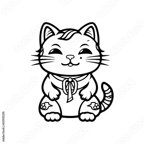Vector illustration isolated on white kawaii asian cat. Neko with one hand up. Lucky cat Maneki Neko Outline Icon coloring book black line