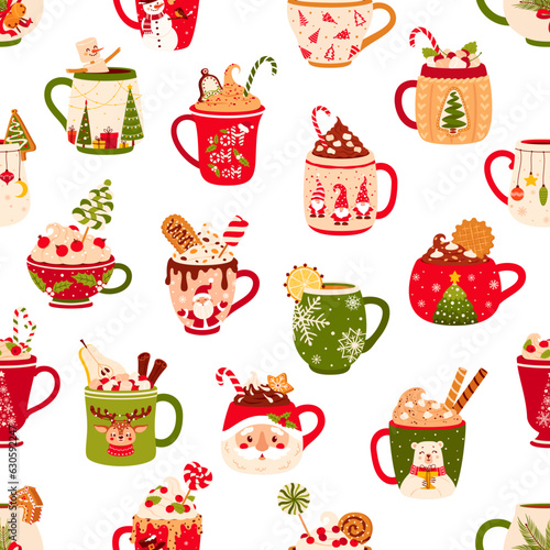Christmas chocolate and eggnog drinks seamless pattern with cartoon cups and mugs. Winter holidays vector background of eggnog hot beverage ceramic mugs with candies, cream, cinnamon and gingerbread