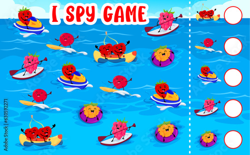 I spy game worksheet. Cartoon funny berry characters on summer vacation. Counting playing activity or game vector worksheet with strawberry, cherry, raspberry cute personages surfing, riding jet ski