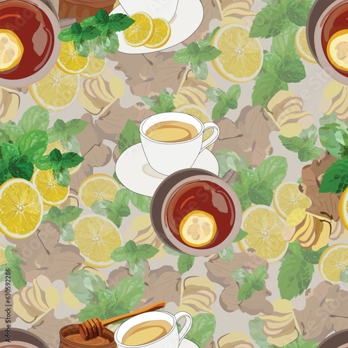 ginger lemon honey warm drink seamless pattern