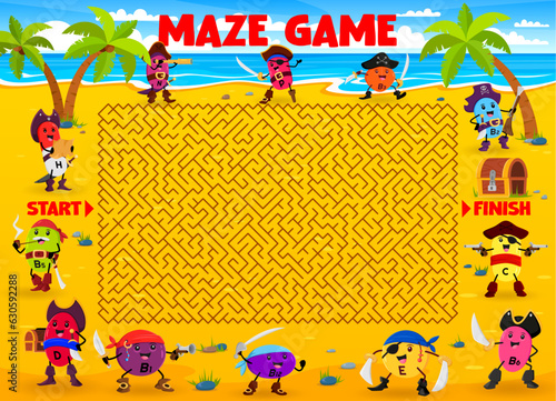 Labyrinth maze game, help to cartoon vitamin and micronutrient pirate characters save the treasure chest. Kids riddle vector worksheet with N, B3, C, E and D, H vitamin pirate dragee cute personages
