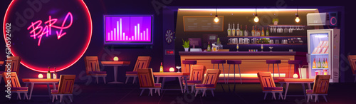 Cartoon night bar interior design. Vector illustration of pub with tables and chairs, cocktail glasses on counter, bottles of alcoholic beverages on shelves, fridge, tv screen and darts on wall