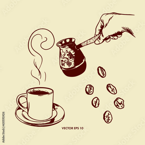 A cup with coffee, coffee beans, a cezve in a man's hand. Vector illustration in graphic style. Menus, food packaging, coffee product labels.