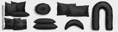 Realistic set of black pillows isolated on transparent background. Vector illustration of square, round, rectangular, neck, pregnancy cushion mockups for home interior decor, healthy sleep accessory
