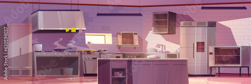 Restaurant kitchen interior with professional chef equipment in cartoon style. Horizontal vector illustration of commercial room from inside with furniture and appliances for food cooking service.