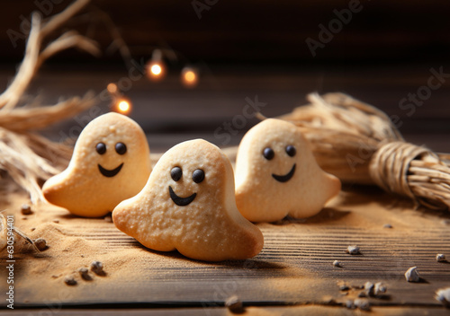 Halloween cookies in the shape of cute and funny ghosts. Holiday baking