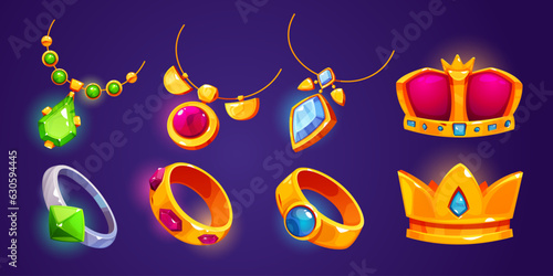 Gold jewelry icons for game. Rings, necklaces, crowns, bracelets and pendants with diamonds and gems. Golden and silver jewel accessories, vector cartoon illustration