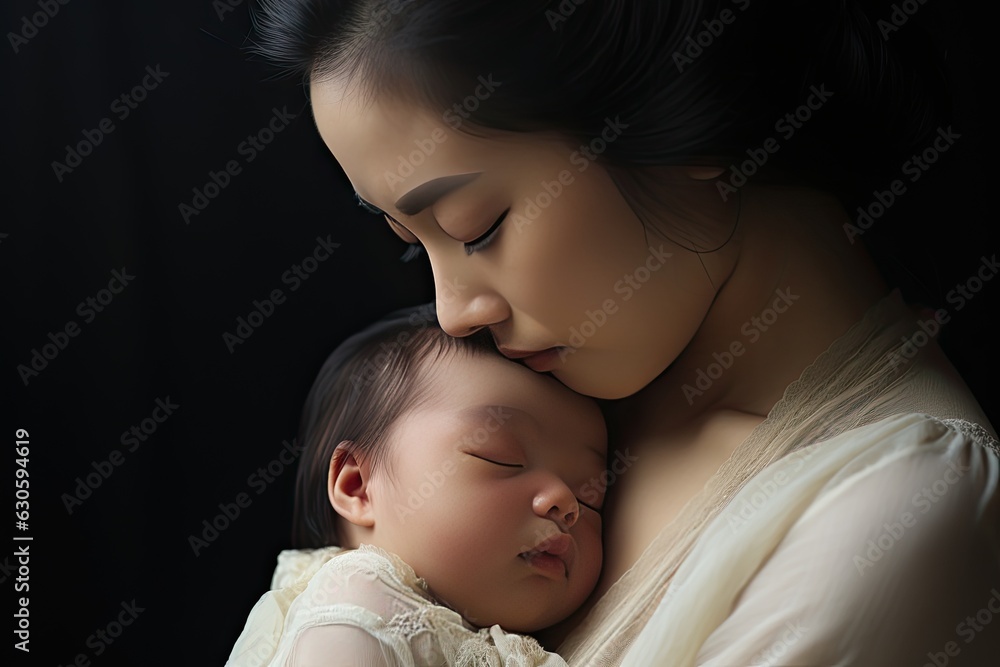 mother carrying a newborn baby and kissing her son's forehead. mother carrying a newborn baby and kissing her son's forehead.