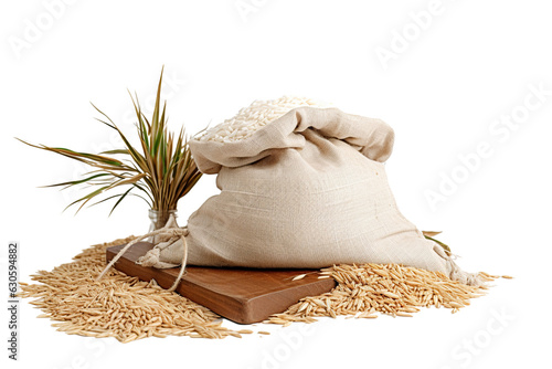 Photo of rice sack with rice crop isolated PNG