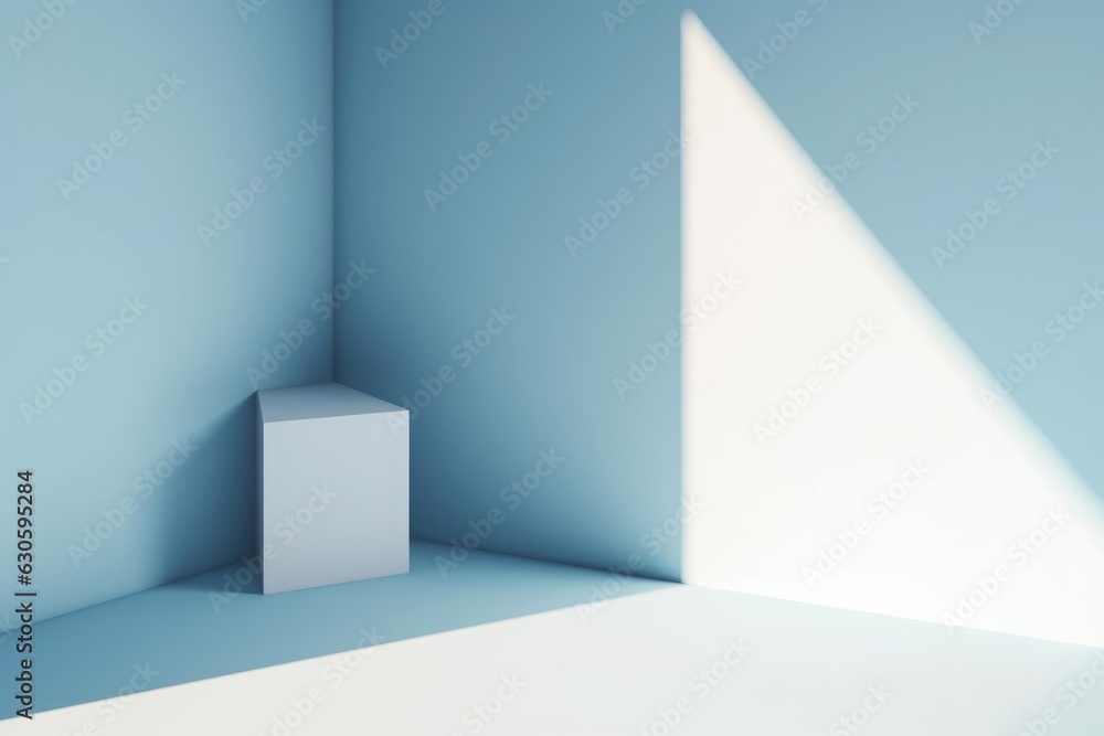 Fototapeta premium Light soft minimal background mockup for product presentation. Corner of room with shadows from different angles delicate light blue color, Generative AI