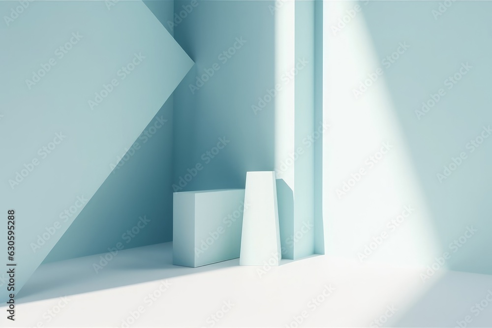 Fototapeta premium Light soft minimal background mockup for product presentation. Corner of room with shadows from different angles delicate light blue color, Generative AI