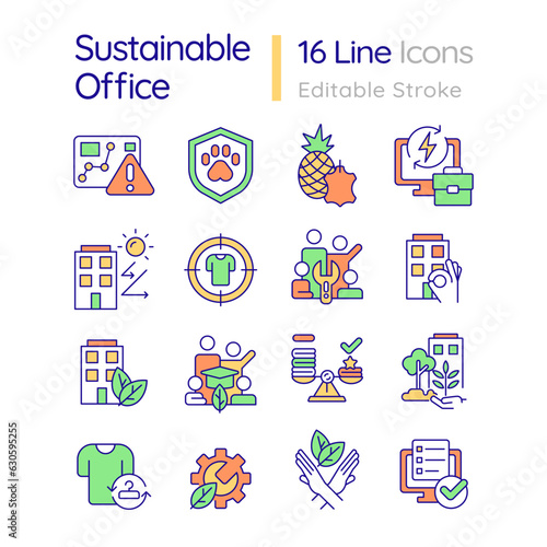 2D editable line icons set representing sustainable office, isolated vector, linear illustration.