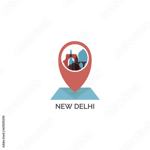 New Delhi India map pin point geolocation modern skyline shape pointer vector logo icon isolated illustration. Indian city pointer emblem with landmarks and building silhouettes