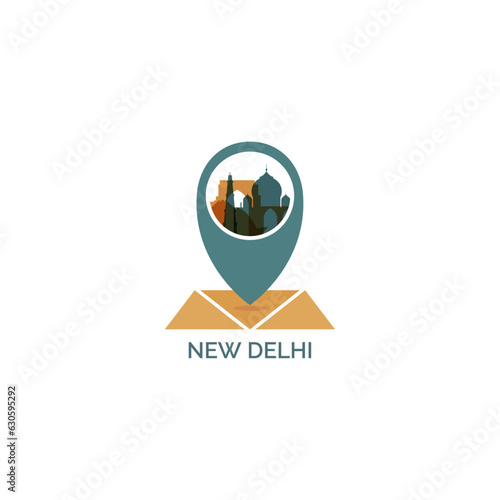 New Delhi, India map pin point, geolocation, skyline shape vector logo, icon, isolated illustration. Indian city emblem concept with landmarks and buildings