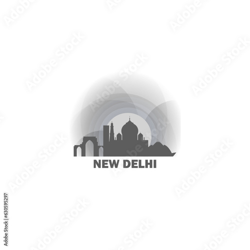 New Delhi cityscape, skyline panorama vector flat logo, icon. India city emblem contour with landmarks and buildings at sunrise, sunset