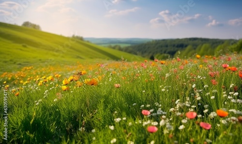 Beautiful natural spring summer landscape of a flowering meadow in a hilly area on a bright sunny day. Many flowers in a field in green grass. Small zone of  Generative AI