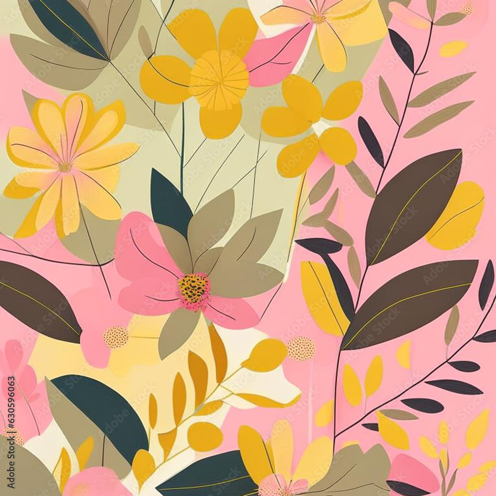 Yellow, orange, green and pink watercolor flowers with stems and leaves. Watercolor art background.