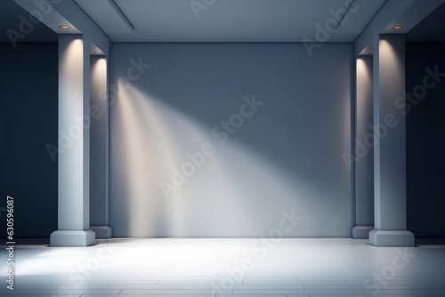 Beautiful gray-blue empty wall with columns with lateral lighting. Minimalistic background for product presentation. AI generated, Generative AI photo