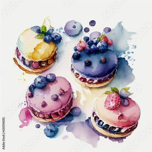 Cakes macaron or macaroon stack on white background, colorful vibrant almond cookies with berries, bright colors. Watercolor style.