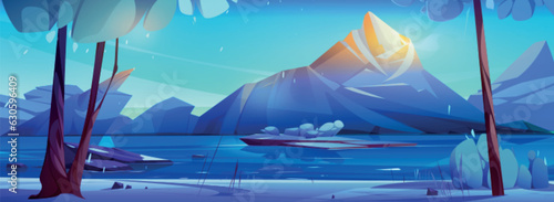 Winter mountain and ice lake in forest landscape background. Snowy cartoon environment with frozen river on north in morning. Sunrise sky on wilderness northern panorama. Fantasy alpine nature view