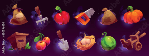 Farm food and gardening tool ui icon illustration set. Fresh vegetable, fruit and farmer equipment glossy mobile interface gui collection. Wooden hive, wheelbarrow, pumpkin and showel with sparkle