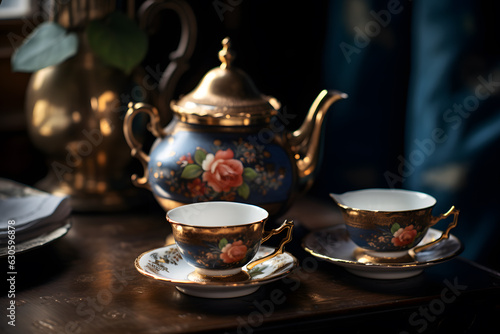 A tea set with a teapot and cups