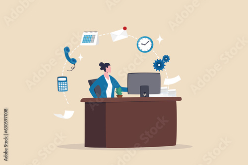 Administrator or assistant occupation, secretary or accountant professional, receptionist work with answer telephone, schedule calendar or coordination, businesswoman admin working at office desk Fototapet