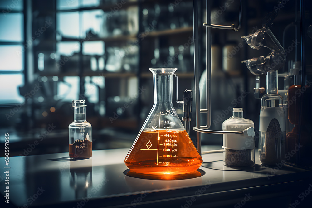 A titration setup with a burette and a conical flask Stock Photo