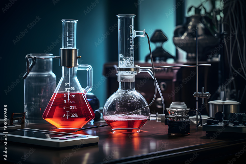 A titration setup with a burette and a conical flask Stock Photo