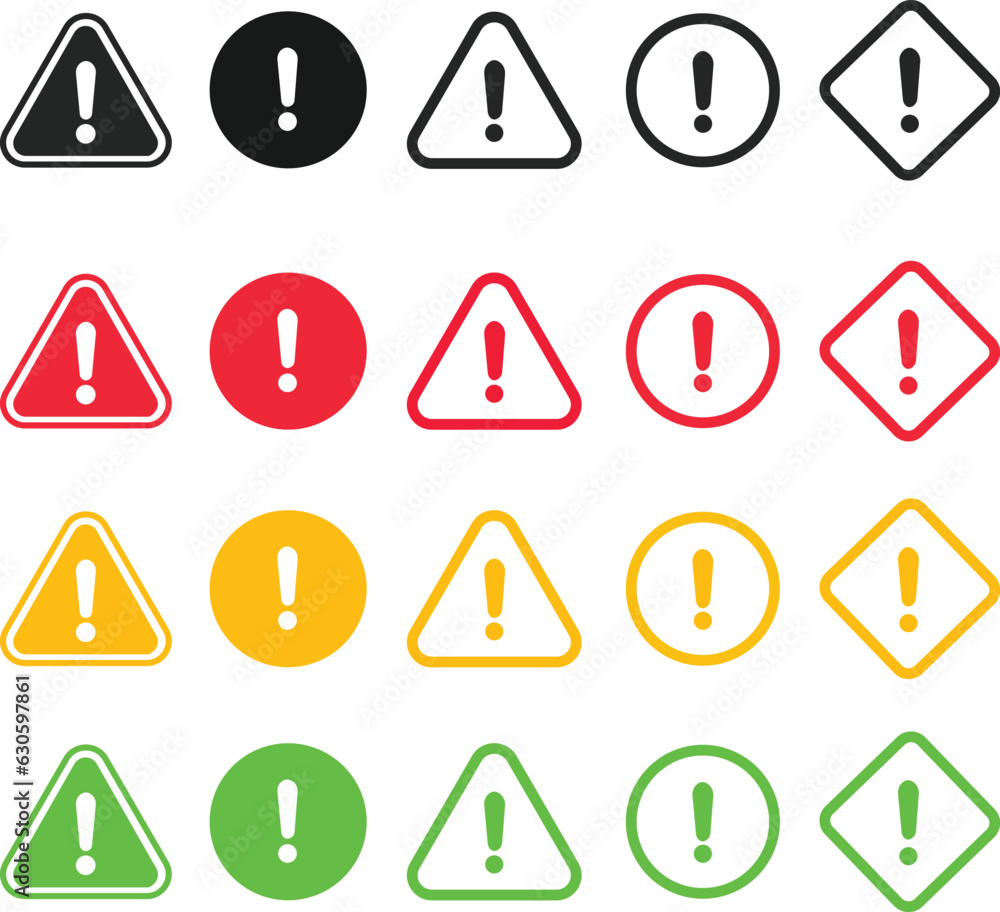 black, red, yellow and green Exclamation mark icons set in flat style. Danger alarm on white isolated background. Caution risk business concept. black, red, yellow and green Exclamation mark icons set in flat style. Danger alarm on white isolated background. Caution risk business concept.