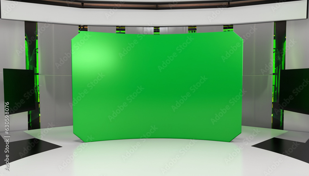 Music Set Green background, Interior Green Screen room, virtual TV