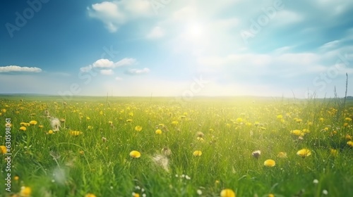 Beautiful meadow field with fresh grass and yellow dandelion flowers in nature against a blurry blue sky with clouds. Summer spring natural landscape, Generative AI © Richa