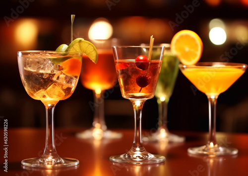 Selection of alcoholic cocktails on bar counter in night club.Macro.AI Generative