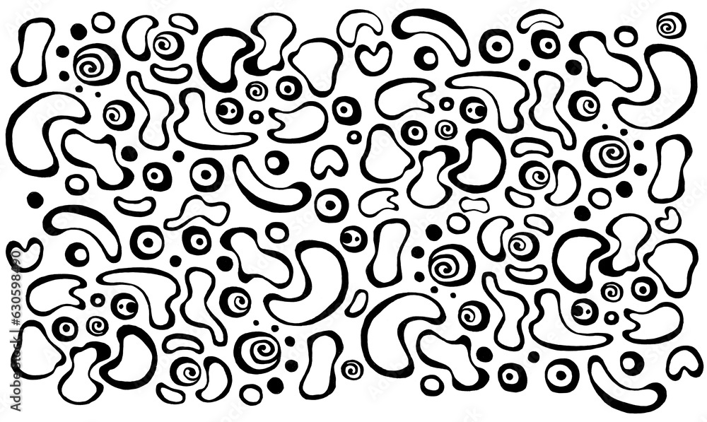 Abstract white background with black decor. Linear spots, circles and dots. They resemble camouflage