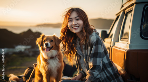 woman smilling .Female tourists travelling with dog, & Van house travel car. enjoying the view. camping with dog, mountain and lake view background