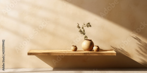 Wooden table, beige texture wall background. Shadows on the wall. Mock up for presentation, branding products,