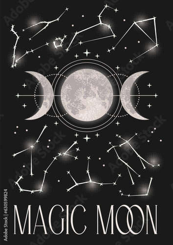 Poster with zodiac constellations, stars, triple moon. Wicca moon triple goddess symbol. Astrology, alchemy, boho, magic symbols. Mystery concept. Monochrome detailed illustration.
