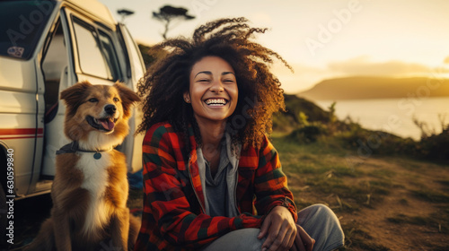 woman smilling .Female tourists travelling with dog, & Van house travel car. enjoying the view. camping with dog, mountain and lake view background
