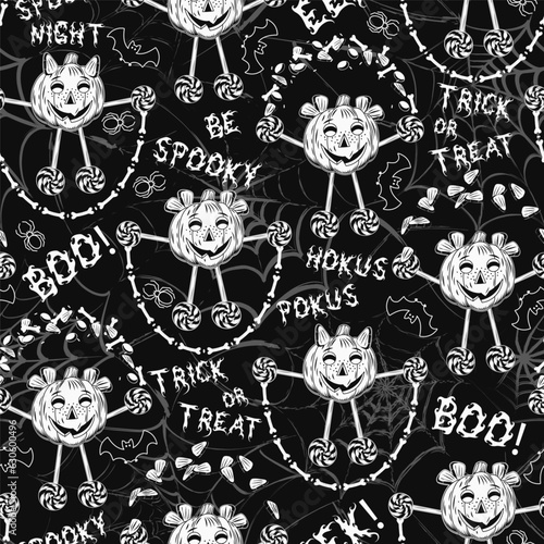 Funny pattern with pumpkins like having fun kids, text with halloween phrases, silhouette of bat, spiderweb behind. Fire style of text Trick or treat, hokus pokus, spooky night