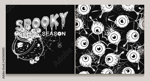 Set of halloween pattern, label with witchy cauldron full of human eyeballs, drops of goo, slime, silhouette of spiderweb behind, text Spooky Season