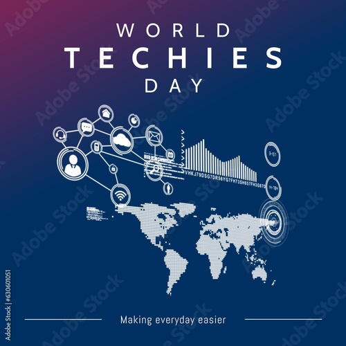 Fényképezés World techies day text in white with network of media icons, world map and data,