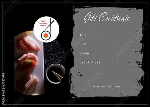 Gift certificate text, sushi company holding text and detail space with sushi on grey and black