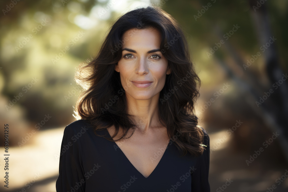 Beautiful hispanic middle age woman outdoors. Portrait of attractive, dark-haired, brunette woman wearning black dress on sunny day in nature Beautiful hispanic middle age woman outdoors. Portrait of attractive, dark-haired, brunette woman wearning black dress on sunny day in nature