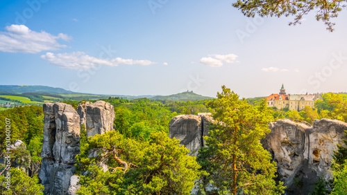 Bohemian Paradise, Czech: Cesky Raj, panorama. View of Hruba Skala Castle, Trosky Castle Ruins and sandstone rocks from Marianska Lookout on sunny summer day, Czech Republic photo