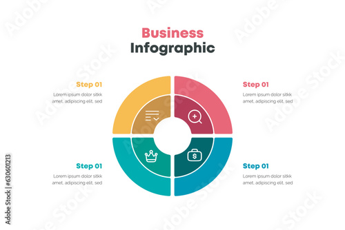Realistic 4 parts pie chart with  business infographic elements template Vector illustration